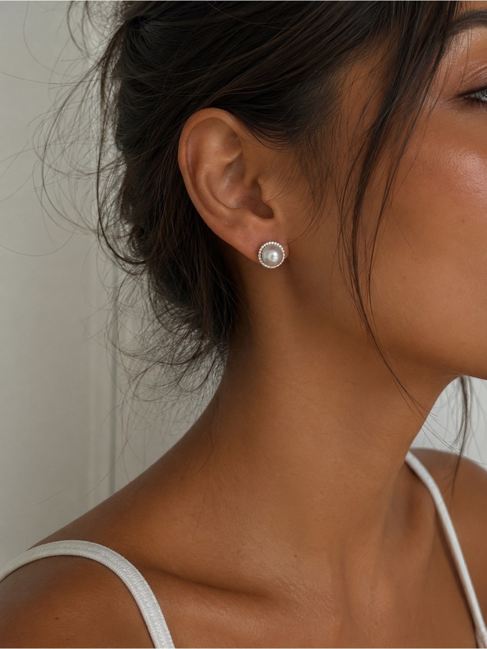 Genuine Akoya Pearl Halo Stud Earrings in 14k White gold and diamonds